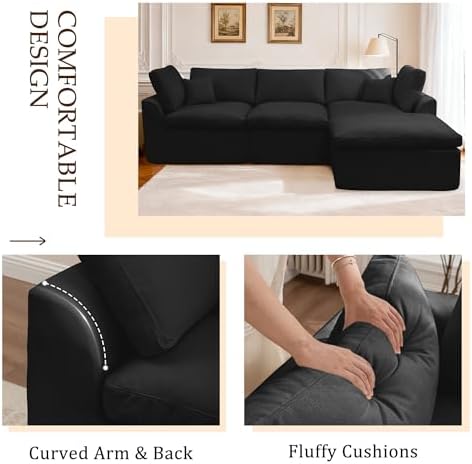 Korser 110" Cloud Sectional Couches for Living Room, Modern Modular Sectional Sofa with Ottoman, Boneless Cloud Couch with Comfy Deep Seats, Fluffy Chenille L-Shape Sofa Couch for Living Room, Black - Image 5