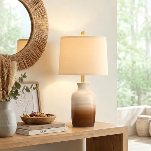 PoKat 24'' Farmhouse Handcrafted Table Lamp for Living Room, Rustic Ceramic Bedroom Lamps for Night Stands, Bedside Lamps with Soft Ombre Finish for Entryway Sideboard End Table (Beige and Brown) - Image 3