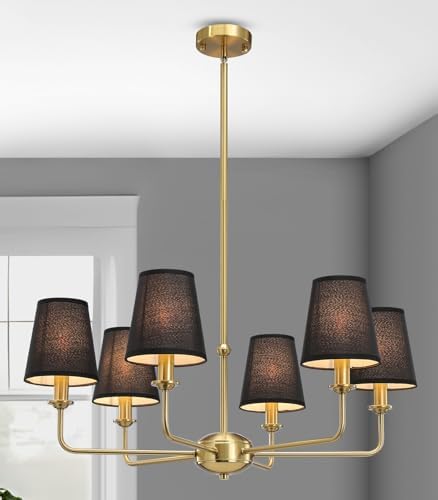 6-Light Brushed Gold Chandelier with Black Fabric Shades, Modern Brushed Brass Chandelier Light Fixture, E12 Base Hanging Pendant Light for Dining Room Living Room Bedroom Kitchen Island Foyer by QUENEY