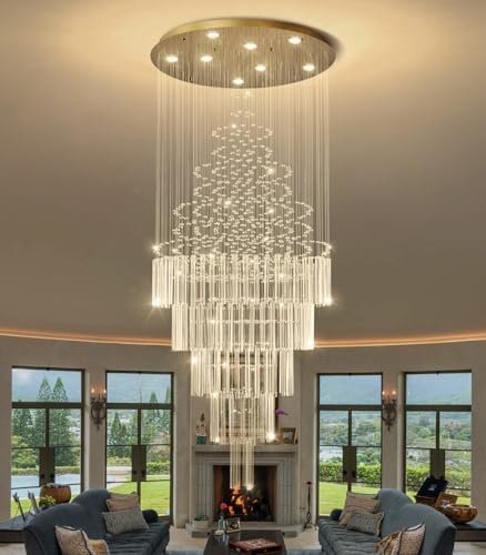 HAIXIANG W24 x H78 Crystal Glam Chandelier Long Light Chandeliers with Dimmable Light Bulbs High Ceiling Light Fixtures for Foyer Entryway Living Room Stair Gold by HAIXIANG
