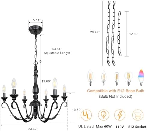 Modern Black Chandelier, 6-Light Farmhouse Dining Room Chandelier - Image 6