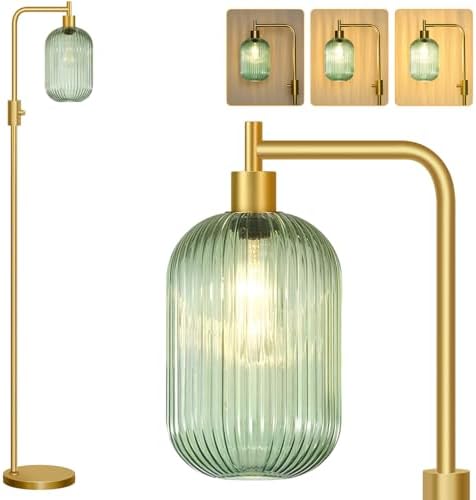 【Upgraded】 Dimmable Floor Lamp for Living Room with Green Ribbed Glass Lampshade, Gold Modern Floor Lamp with 900LM LED Bulb Included, Arc Standing Tall Lamp for Bedroom, Office, Reading Room, Corner by Yemela