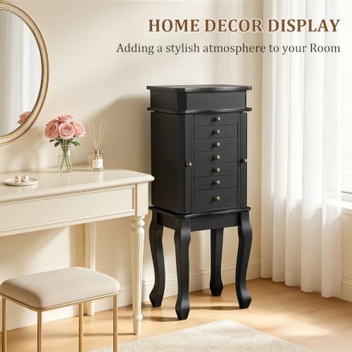 Standing Jewelry Armoire Cabinet, Large Freestanding Jewelry Organizer Box with Mirror, 7 Drawers & 2 Side Doors, Jewelry Chest for Rings Earrings Necklaces Bracelets Watches Glasses (Black) - Image 3