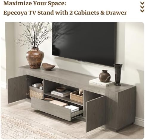 Epecoya Grey TV Stands with Storage Cabinets, Wooden Media Console - Image 4