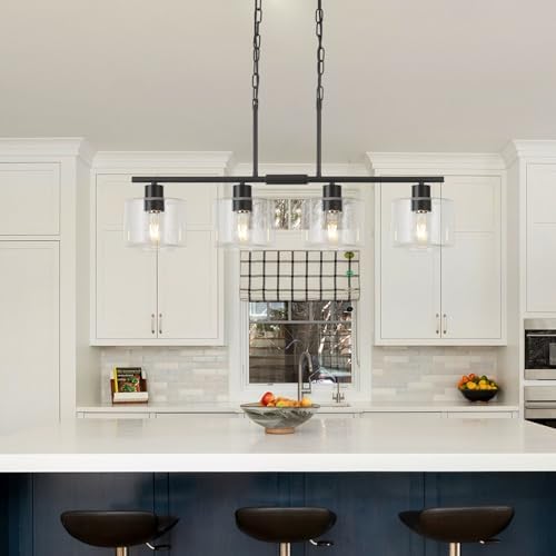 4-Light Kitchen Island Lighting, Modern Black Linear Dining Room Chandelier Light Fixtures with Clear Glass and Chain, Farmhouse Hanging Lights for Kitchen Island Dining Room, OS-YQ8153-4ISBKC - Image 6