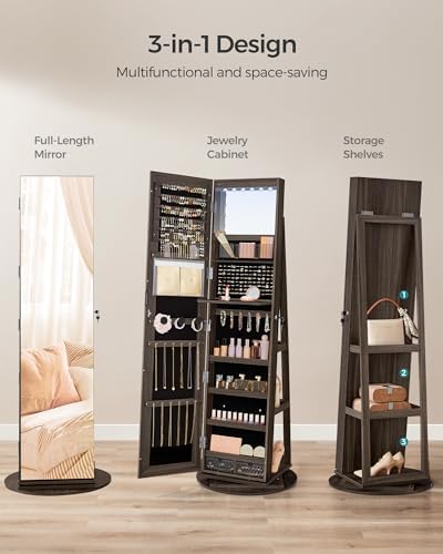 SONGMICS 6 LEDs Mirror Jewelry Cabinet Organizer, 360° Swivel, Lockable - Image 3