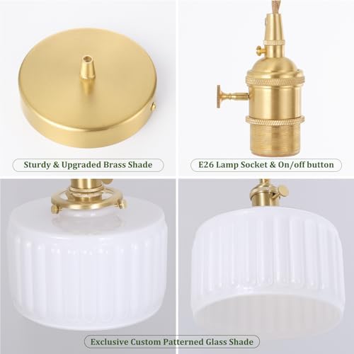 Shenmoyl Pendant Light with White Striped Glass Lmapshade, Brass Vintage Pendant Light Adjustable Hanging Light for Kitchen Island Dining Room Hallway - Image 5