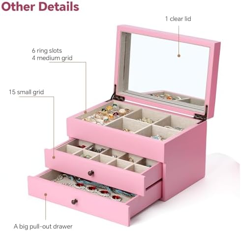 Meangood Jewelry Box Organizer for Women, 3 Layer Large Jewelry Storage Case, Rustic Wooden Jewelry Box with Mirror & Ring Tray for Necklace Earring Bracelets Rings, Vintage Style (Pink) - Image 7