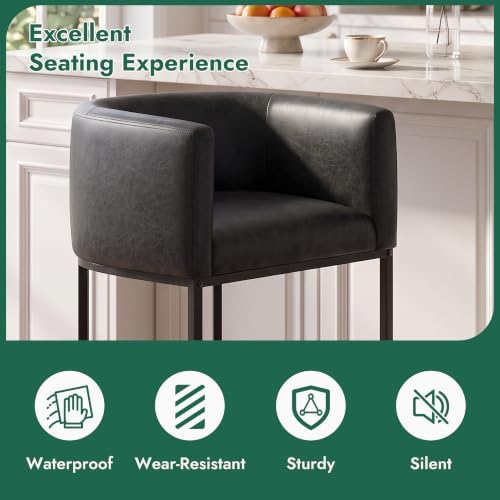 Counter Height Bar Stools Set of 4, Modern Counter Stools for Dining Room, 24 Inch Barstools for Kitchen Island, Faux Leather Bar Stool with Metal Legs and Back Footrest, Black - Image 4