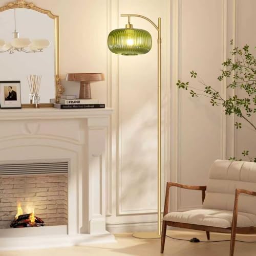 Green Floor Lamp for Living Room, Modern Glass Standing Lamp with Remote, Dimmable Brass Tall Lamp Retro Vintage Glass Tall Lamp Floor Light Boho, 12W LED Bulb Included - Image 2