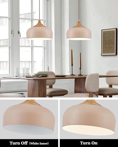ELYONA 12 Inch Modern Japandi Pendant Light for Kitchen Island Farmhouse Hanging Lamp with Faux Pine Wood Grain Metal Shade, Adjustable Wabi Sabi Ceiling Fixture for Dining Room Bedroom,Light Brown - Image 3
