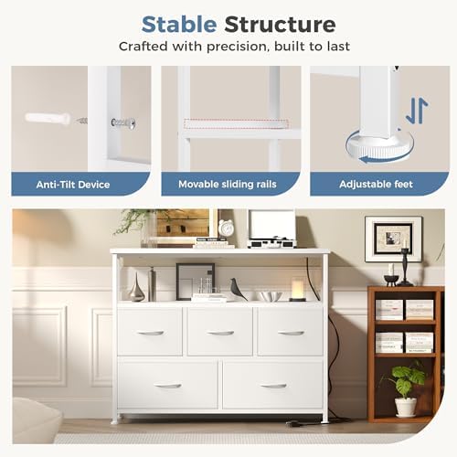 DUMOS TV Stand with 5 Fabric Drawers, with Open Shelf & Charging Station - Image 5