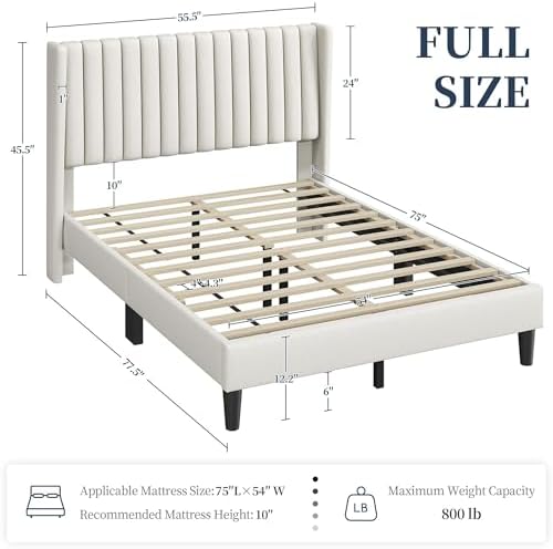 Yaheetech Full Bed Frame with Headboard,Ivory Channel-Tufted Platform - Image 2