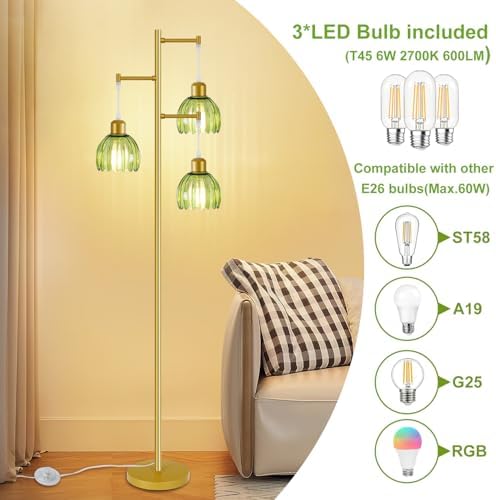 Tree Floor Lamp with 3 Light Bulbs, Vintage 3 Heads Flower Floor Lamp, Tall Gold Vintage Lamps with Brass Base Foot Switch, Boho Standing Lamps for Living Room with Green Glass Flower Shades - Image 2