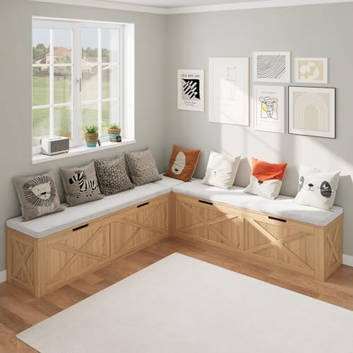 Bobve L-Shape Storage Bench with Cushion, Backless Corner Dining Bench, Kitchen Dining Nook Bench with Hidden Storage for Dining Room, Kitchen, Entryway (Wood+White) by Bobve