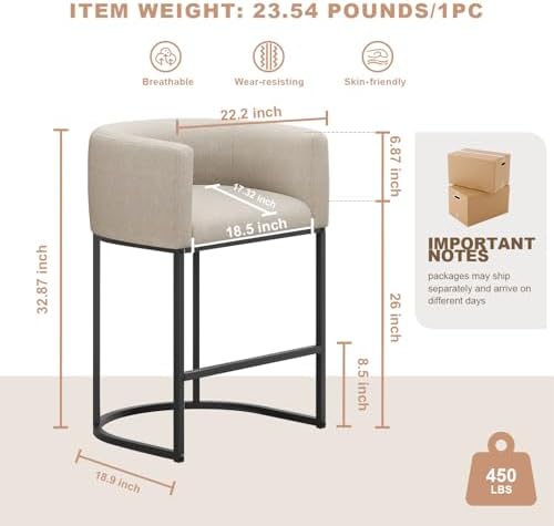 26" H Counter Height Bar Stools Set of 4, Modern Barrel Counter Stools with Backrest and Arms, Linen Fabric Upholstered Accent Barstools for Kitchen Island,Support 450 LBS (Beige) - Image 2