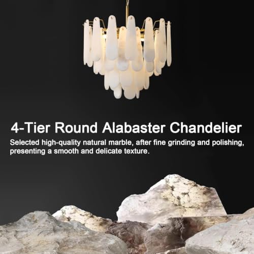 Alabaster Chandelier, D23.6in Modern Alabaster Round Dining Room Chandelier, 4-Tiers Luxury Natural Stone Ceiling Light Fixture, White Marble Chandeliers for Living Room Bedroom Foyer Entryway Kitchen - Image 4