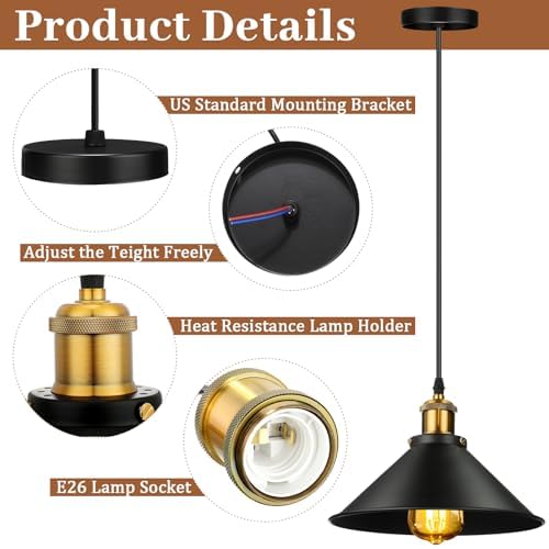 Retisee 24 Pcs Industrial Pendant Light, Vintage Metal E26 Base, Black - Image 3
