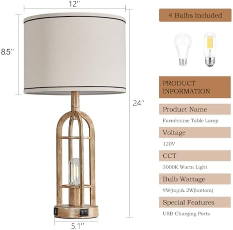 SRJJA 24" Farmhouse Table Lamps for Living Room Bedroom Set of 2, USB A+C - Image 6