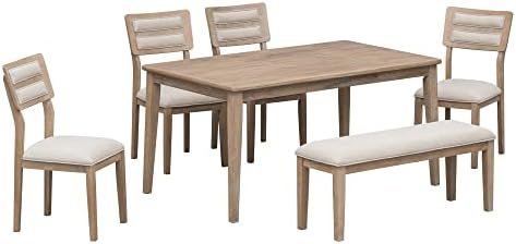 Merax 6-Piece Solid Wood Dining Room Table Set with 4 Chairs & Bench for Dining Room, Natural Wood Wash - Image 7