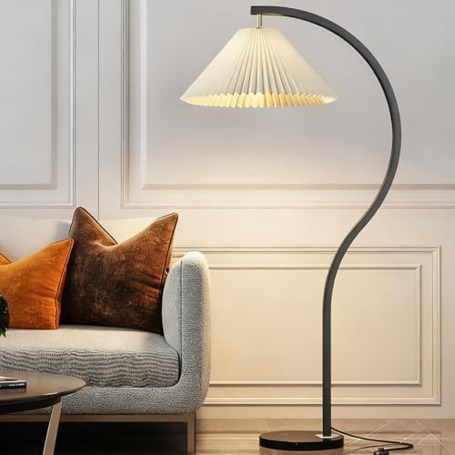 MIXL-Modern Black Arc Floor Lamp,1-Lights Curved Standing Lamp with Rotatable Pleated Fabric Shade,3-Colors Dimmable Bedroom Floor Lights, Indoor Arched Standing Light for Living Room Corner Office - Image 3