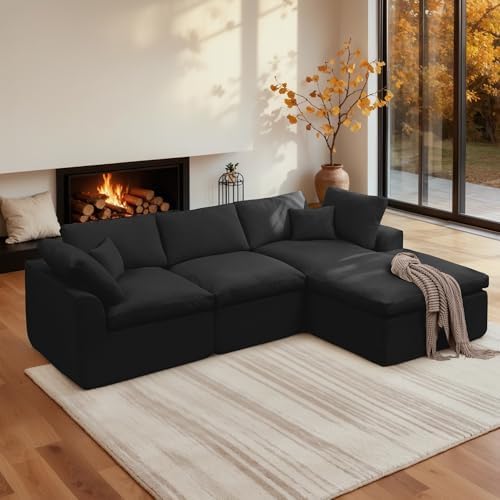 Korser 110" Cloud Sectional Couches for Living Room, Modern Modular Sectional Sofa with Ottoman, Boneless Cloud Couch with Comfy Deep Seats, Fluffy Chenille L-Shape Sofa Couch for Living Room, Black by KORSER