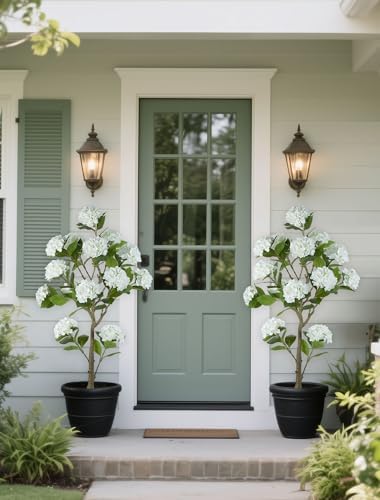 BLOSMON 5ft White Hydrangea Artificial Trees for Front Porch Planters - Image 2