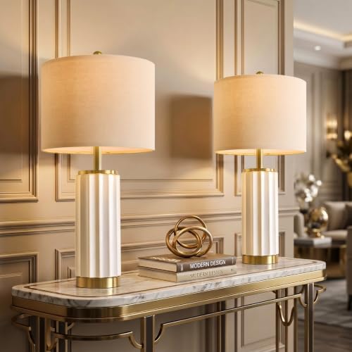 USumkky 25.75" Off-White Ceramic Table Lamp Set of 2, Mid Century Modern Bedside Nightstand Lamps for Bedroom Living Room, Linen Shade & Gold Metal Base, Rotary Switch E26 (Bulbs Excluded) by USumkky