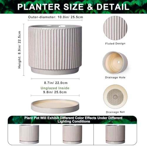 10 Inch Planter, Ceramic Plant Pots, Round Pots for Plants, Grey - Image 2