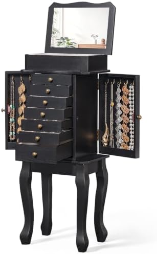 Standing Jewelry Armoire Cabinet, Large Freestanding Jewelry Organizer Box with Mirror, 7 Drawers & 2 Side Doors, Jewelry Chest for Rings Earrings Necklaces Bracelets Watches Glasses (Black) by Yoimori