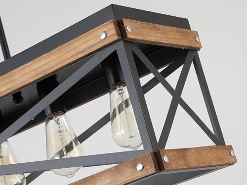 Rustic Farmhouse Wood Kitchen Island Lighting, 5 Lights Rectangular Pendant Light Fixture, Adjustable Chain Oak Wood and Metal Linear Chandelier for Dining Room Kitchen Island Farmhouse, Black - Image 6
