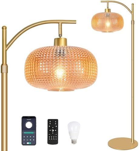 Glass Floor Lamp for Living Room, Modern Standing Lamp for Bedroom, Dimmable Tall Lamp with Shade, Remote,12W LED Bulb Included (Gold+Amber) by DONDDA