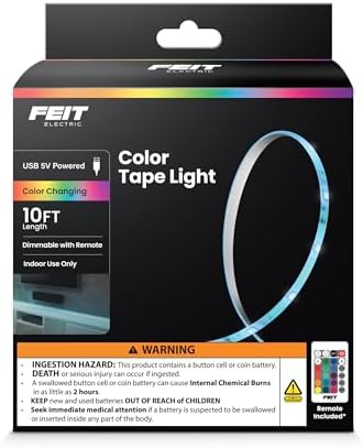 Feit Electric 10ft Color LED Tape Light, Dimmable, RGB Color with Remote Control, Cut-to-Fit Design, 5V USB-Powered Display Lighting, Indoor Use Only, 25,000-Hour Lifetime, TAPE120/RGB/USB by FeitElectricCompany