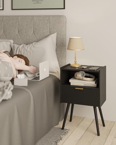 JOONEE Black Nightstand,Modern Bedside Table with Storage Drawer and Open Wood Shelf, for Living Room, Bedroom and Small Spaces, Accent Night Stand with Solid Wood Legs, Easy Assembly,Classic Black - Image 3