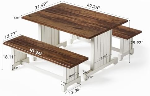 LITTLE TREE Dining Table Set for 4 with 2 Benches, Modern Kitchen Table with MDF Board, Space-Saving Dinette for Kitchen, Dining Room, Brown and White - Image 7
