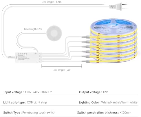 AIMENGTE Cabinet Light 12V COB LED Strip Lights, 6-in-1 Penetrable Touch Dimming, Suitable for Wine Cabinets, Shoe Racks, Display Cabinets, Wardrobes, Kitchen Cabinets, and Showcase Lighting - Image 3