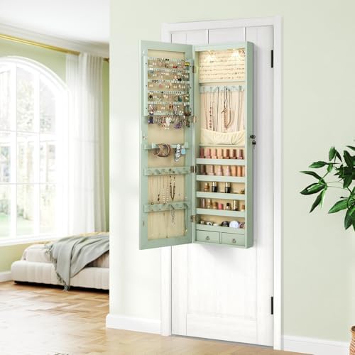 NAFORT 2 LEDs Mirror Jewelry Organizer, 47.5-Inch Borderless Full Length Mirror Jewelry Armoire, Lockable Wall Mounted Jewelry Cabinet, Jewelr Storage Box for Valentine’s Day Gift, Laurel Green - Image 3