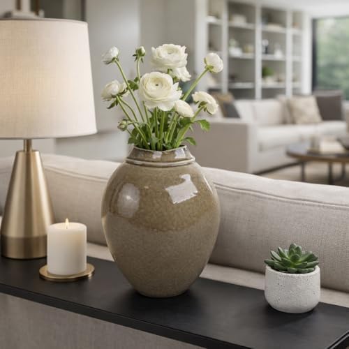 Glazed Oval Vase for Living Room Decor - Modern Stoneware Porcelain Flower Vase for Home, Bedroom, House or Office Table Accents - Timeless Accent Display for Study Room Decor - 11", Brown - Image 2
