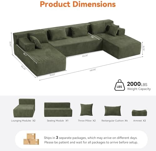 MONVANE 141" U-Shaped Modular Sectional Sofa, Green - Image 3