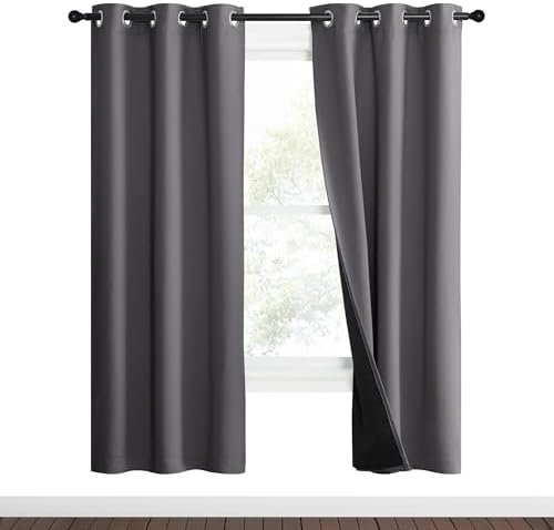 NICETOWN Grey Full Shade Curtain Panels, 37" Wide x 70" Long, Gray, Pair of Thermal Insulated & Energy Efficiency Blackout Curtains for Living Room Windows, Lined Silky Performance Window Dressing by NICETOWN