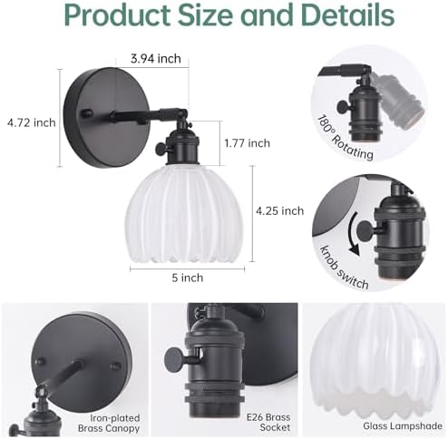 Shenmoyl Vintage Wall Sconce with White Tulip Glass Lampshade 180 Degree Adjustable Black Sconce Hradwired Modern Wall Lighting Fixture with Switch for Bedside Bedroom Doorway - Image 6