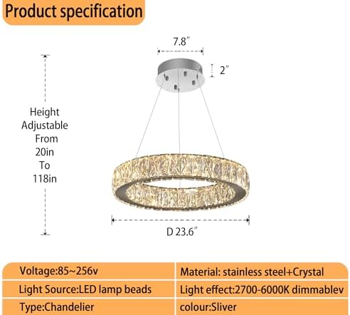 Modern LED 23.6" Ring Chandelier for Dining Room Living Room Dimmable Crystal Pendant Light Adjustable Round Chrome Crystal Chandelier - Image 3