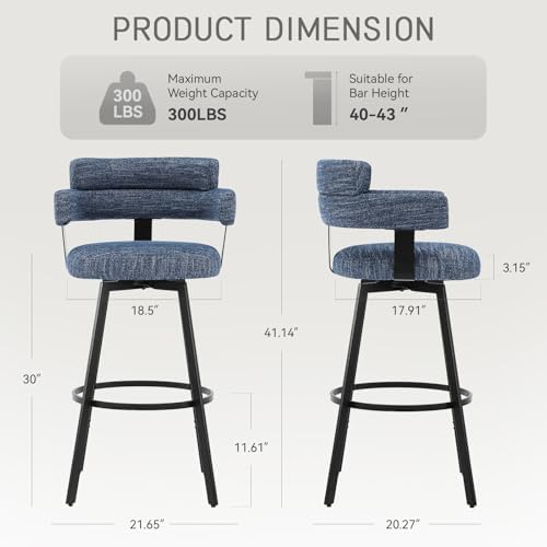 30 Inch Bar Stools Set of 2 with Full Back, Swivel Bar Chairs with Linen Padded Back, Metal Footrest, Modern Bar Height Stools for Kitchen Island, Dining, Living Room, Blue - Image 2