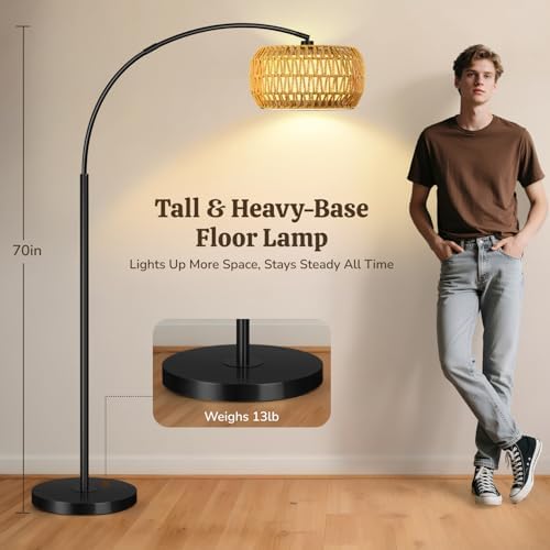 Arc Floor Lamp for Living Room, Rattan Boho Floor Lamp with Remote Control, Black Standing Lamp with 3 Color Temperatures & Dimmable LED Bulb, Tall Lamp for Bedroom, Over Couch Arched Reading Light - Image 3