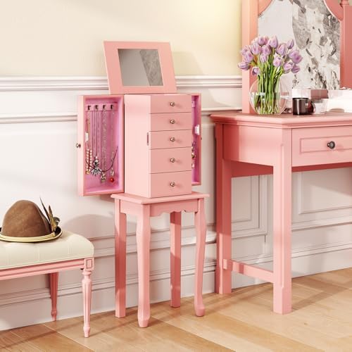 GIANTEX Standing Jewelry Armoire Cabinet with 4 Drawers, Flip Top Mirror, Top Storage Compartments, 2 Side Doors with 8 Necklace Hooks, Freestanding Jewelry Organizer Box Chest (Pink) - Image 2