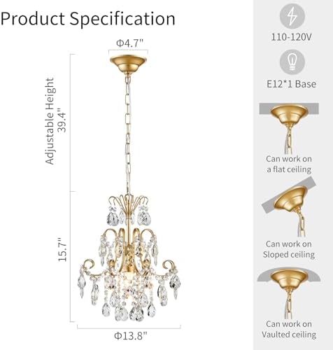 WUZUPS Crystal Chandelier 1-Light Pendant Ceiling Light Modern Lighting Fixture for Bedroom Hallway Bar Kitchen Bathroom, H 15.7" x W 13.8", E26 Base, Gold - Image 2