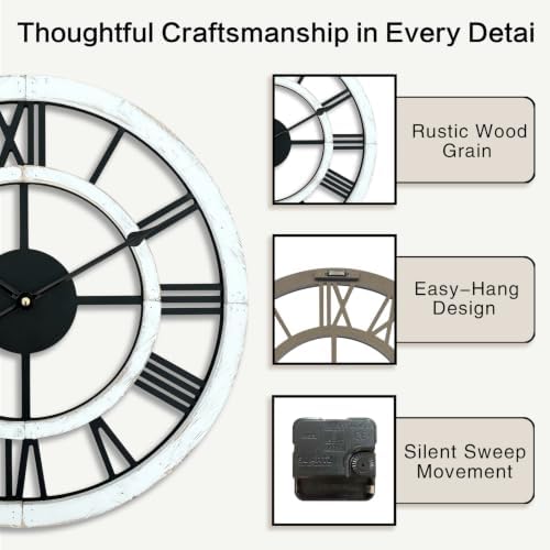 16 Inch Rustic Wall Clock Silent Non-Ticking Wooden Wall Clocks with Roman Numerals Farmhouse Decorative Clock for Living Room Bedroom Office (White) - Image 4