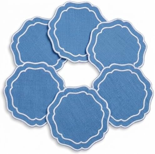 Linen Coasters for Drinks, Set of 6, 4.5 inch, Ocean by EmbroideryLinenVN