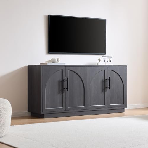 Fatmok 59" Sideboard Buffet Cabinet & TV Stand Set of 2, Modern Arched Credenza with Adjustable Shelves and Long Metal Handles, Wood Console Coffee Bar Storage for Living Room, Black Grey - Image 3