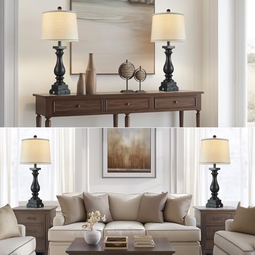 28" Tall Farmhouse Table Lamps Set of 2 with USB C+A Ports and AC Outlet, 3 Way Touch Control Rustic Bedside Lamp for Bedroom, Black Vintage Nightstand Lamp for Living Room Office - Image 5
